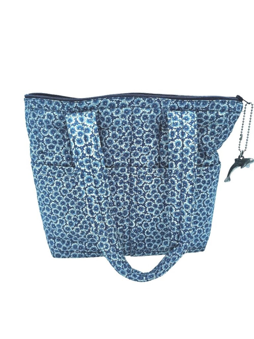 Blue Floral Quilted Tote Bag Dolphin Charm Zipper Top Purse 11x9x3 Makeup Tote